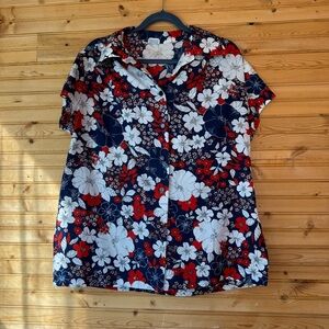 Pykettes Tropical Flowers Top Cap Sleeves Red Blue Women’s Sz 3X Hawaii VTG 80s